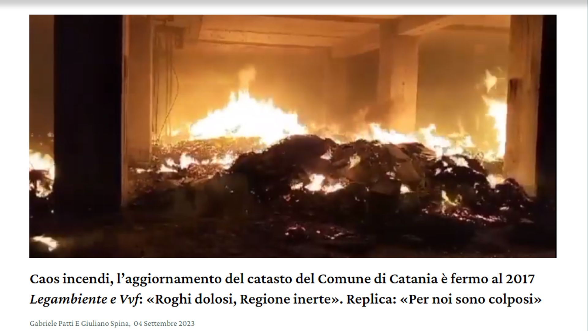 Il catasto degli incendi del Comune di Catania è fermo al 2018 e non al 2017<br>Rettifichiamo e ci scusiamo con i lettori